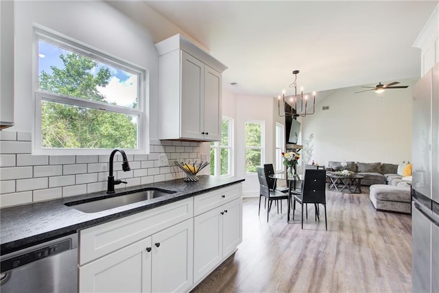 271 Moorings Run, Jasper, GA 30143 - kitchen with dishwasher, backsplash, a chandelier, light wood-style floors, and white cabinetry