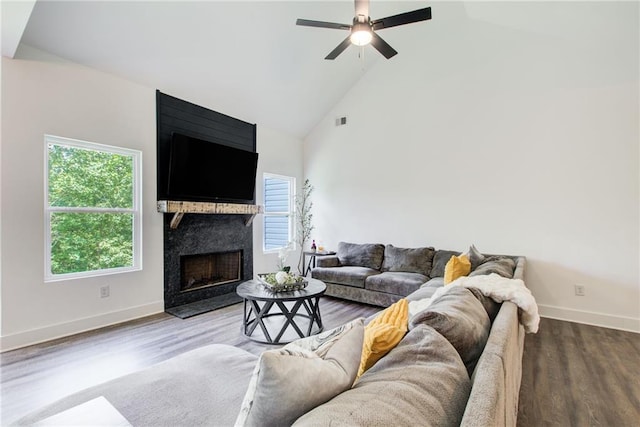 271 Moorings Run, Jasper, GA 30143 - living room featuring healthy amount of natural light, a fireplace, high vaulted ceiling, a ceiling fan, and wood finished floors