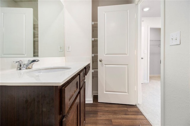 bathroom with wood-type flooring and vanity