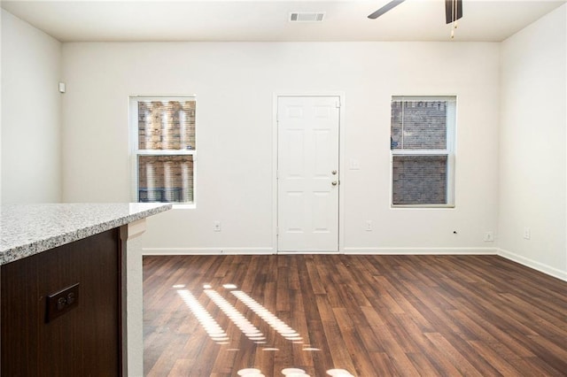 interior space featuring ceiling fan and dark wood-type flooring