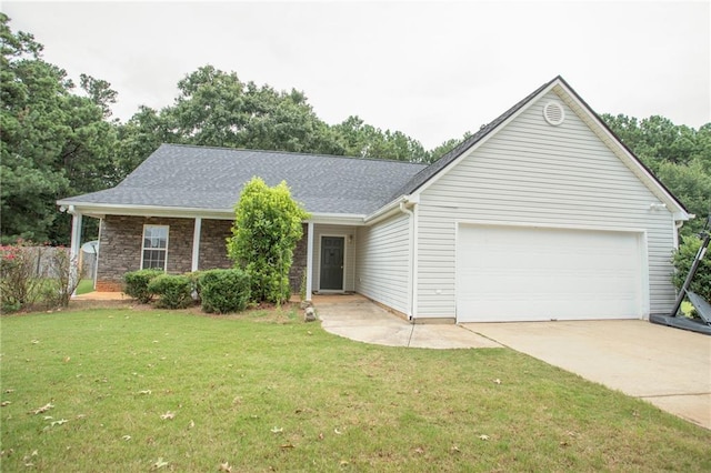 ranch-style house featuring a shingled roof, concrete driveway, a front yard, a garage, and stone siding