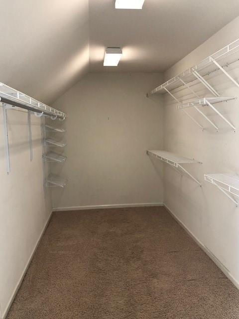 spacious closet with dark carpet and vaulted ceiling