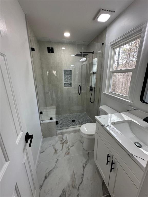 bathroom with an enclosed shower, vanity, and toilet