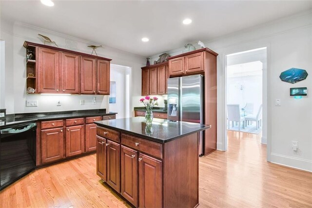 kitchen with ornamental molding, black dishwasher, light hardwood / wood-style flooring, stainless steel refrigerator with ice dispenser, and a center island