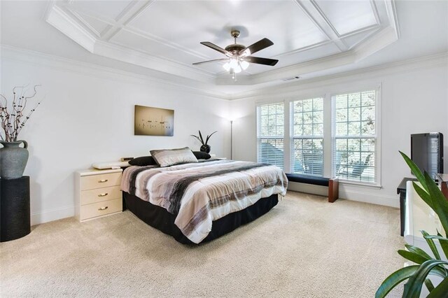 bedroom with ornamental molding, light colored carpet, ceiling fan, and coffered ceiling