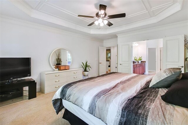 carpeted bedroom with coffered ceiling, ceiling fan, and crown molding