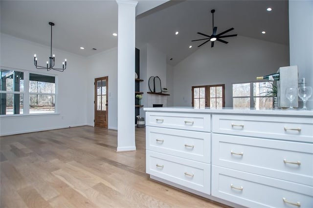 90 Ayers Rd, Bowdon, GA 30108 - kitchen with open floor plan, high vaulted ceiling, a ceiling fan, white cabinets, and recessed lighting
