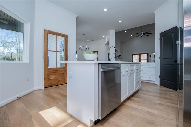 90 Ayers Rd, Bowdon, GA 30108 - kitchen with dishwasher, light wood-style floors, white cabinets, a center island with sink, and ceiling fan