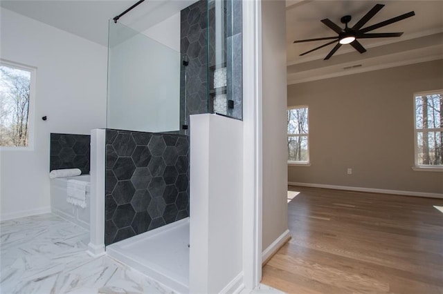 90 Ayers Rd, Bowdon, GA 30108 - bathroom featuring ceiling fan, walk in shower, and ornamental molding