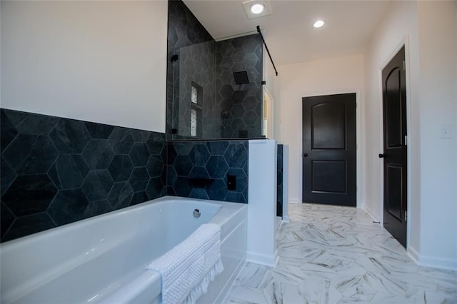 90 Ayers Rd, Bowdon, GA 30108 - full bathroom with a garden tub, tiled shower, recessed lighting, and marble finish floors
