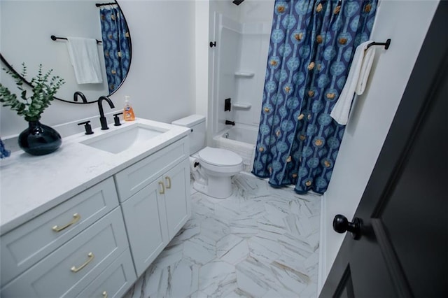 90 Ayers Rd, Bowdon, GA 30108 - full bathroom with vanity, shower / bath combo with shower curtain, and marble finish floors