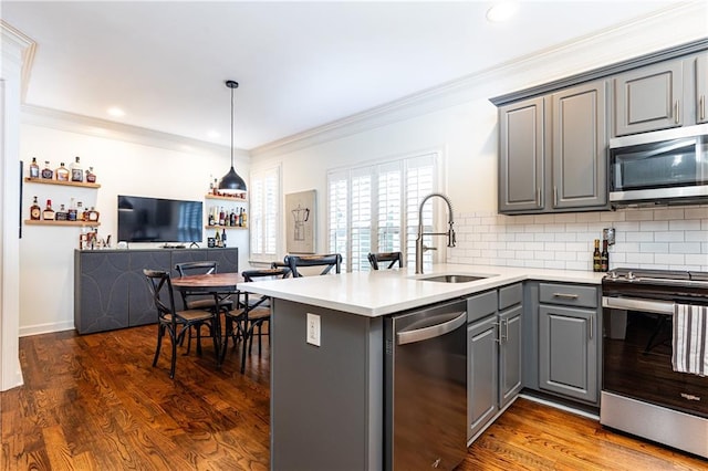 kitchen with gray cabinets, dark wood-style flooring, stainless steel appliances, and a sink