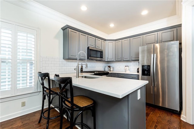 kitchen with a peninsula, stainless steel appliances, a sink, and gray cabinetry