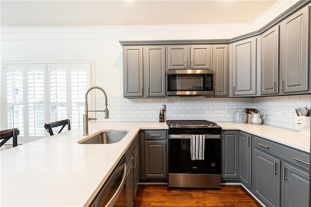 kitchen with crown molding, gray cabinets, appliances with stainless steel finishes, dark wood-type flooring, and a sink