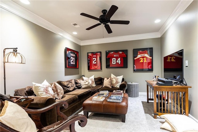 cinema with recessed lighting, visible vents, ornamental molding, a ceiling fan, and carpet flooring