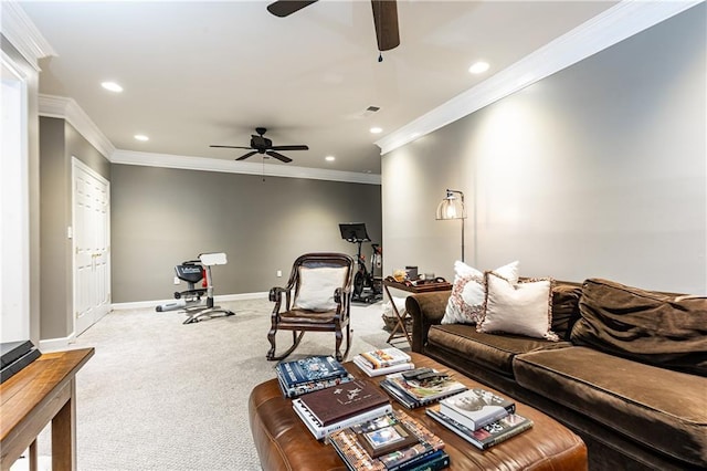 living room with a ceiling fan, recessed lighting, carpet flooring, and baseboards