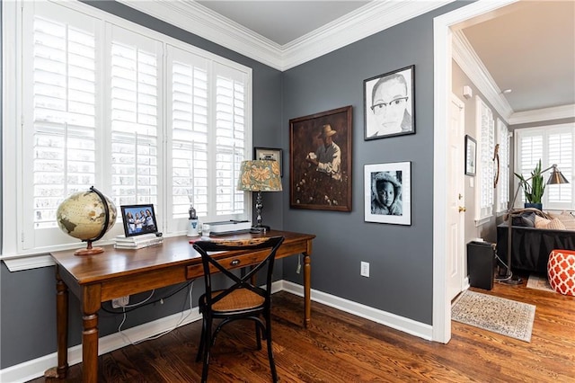 office space with baseboards, crown molding, and wood finished floors