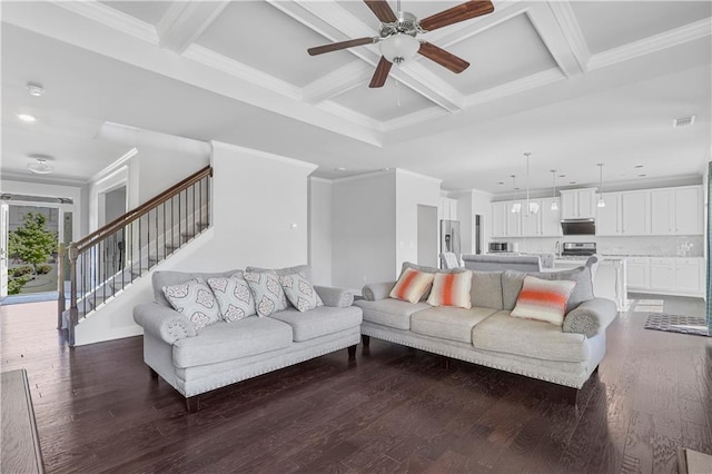 3259 Ivy Crossing Dr, Buford, GA 30519 - living area with a ceiling fan, stairway, beamed ceiling, coffered ceiling, and dark wood-type flooring