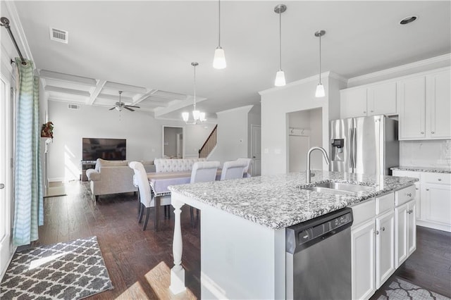 3259 Ivy Crossing Dr, Buford, GA 30519 - kitchen with appliances with stainless steel finishes, a sink, coffered ceiling, ceiling fan, and dark wood-style flooring