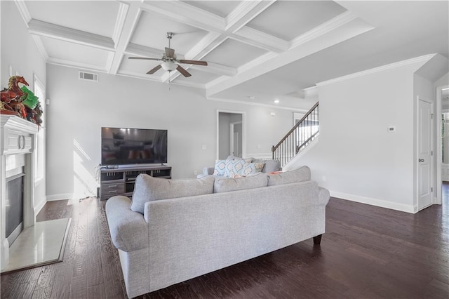 3259 Ivy Crossing Dr, Buford, GA 30519 - living area with ceiling fan, coffered ceiling, stairs, dark wood-type flooring, and beam ceiling