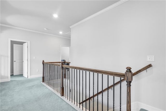 3259 Ivy Crossing Dr, Buford, GA 30519 - corridor featuring crown molding, baseboards, an upstairs landing, recessed lighting, and carpet flooring