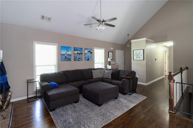 19 Autumn Pl NE, White, GA 30184 - living area with ceiling fan, dark wood-style flooring, and high vaulted ceiling