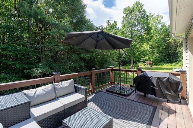 19 Autumn Pl NE, White, GA 30184 - deck with outdoor lounge area, a grill, and view of scattered trees