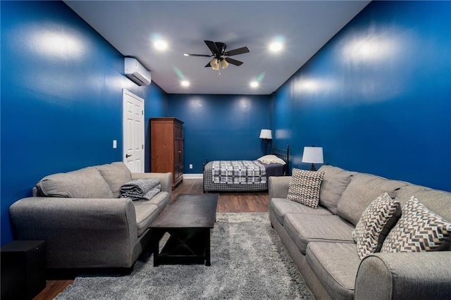 19 Autumn Pl NE, White, GA 30184 - living room featuring wood finished floors, ceiling fan, an AC wall unit, and recessed lighting