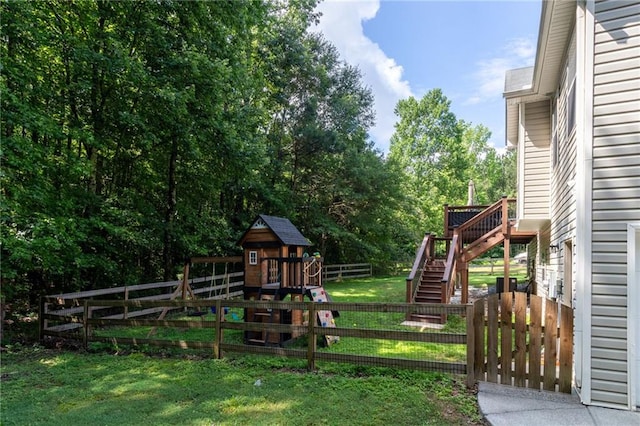 19 Autumn Pl NE, White, GA 30184 - fenced backyard with a playground, a gate, stairs, and view of scattered trees