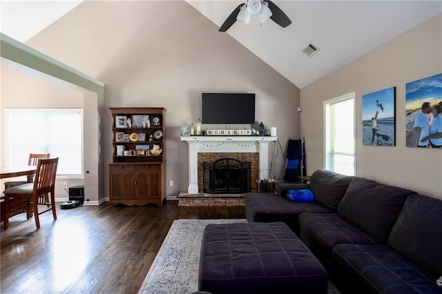 19 Autumn Pl NE, White, GA 30184 - living room featuring a ceiling fan, dark wood finished floors, a brick fireplace, and high vaulted ceiling