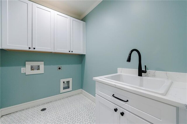 laundry room with electric dryer hookup, cabinets, sink, washer hookup, and ornamental molding