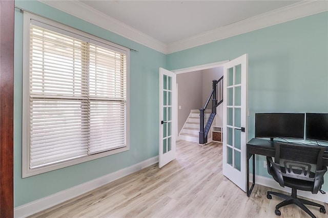 95 Jeffco Dr, Jefferson, GA 30549 - home office with french doors, wood finished floors, crown molding, and baseboards