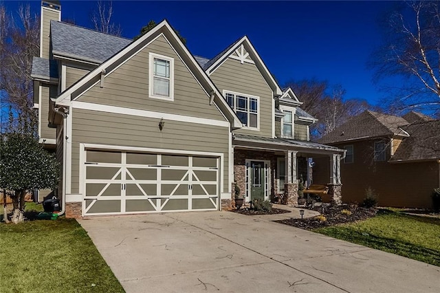 95 Jeffco Dr, Jefferson, GA 30549 - craftsman inspired home featuring covered porch, driveway, a garage, a chimney, and a front yard