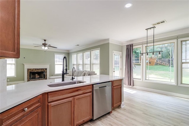 95 Jeffco Dr, Jefferson, GA 30549 - kitchen with dishwasher, a sink, light countertops, open floor plan, and crown molding