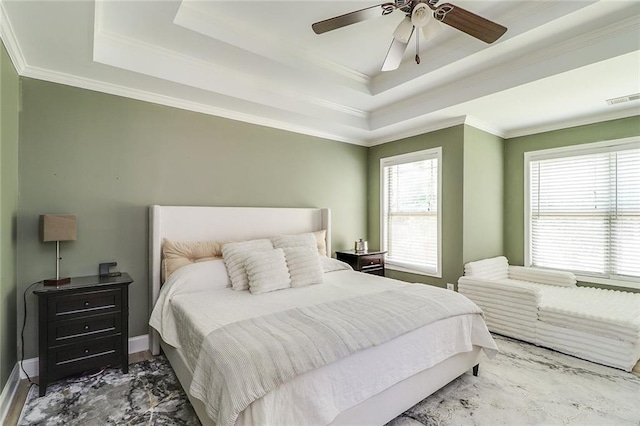 95 Jeffco Dr, Jefferson, GA 30549 - bedroom featuring a raised ceiling, crown molding, a ceiling fan, baseboards, and marble finish flooring