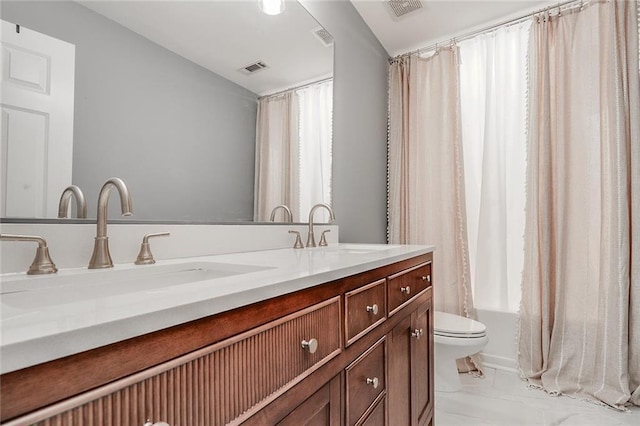 95 Jeffco Dr, Jefferson, GA 30549 - bathroom with toilet, double vanity, shower / bath combo with shower curtain, and marble finish floors