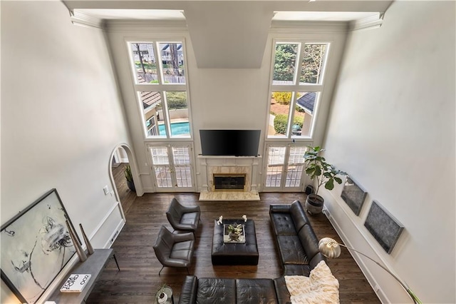 living room with dark wood finished floors, a high end fireplace, a towering ceiling, and ornamental molding