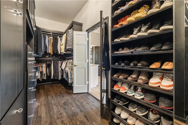 walk in closet featuring dark wood-type flooring