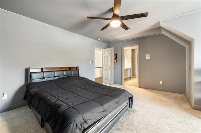 bedroom featuring light carpet, baseboards, visible vents, and ceiling fan