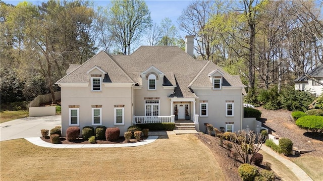 french country style house with driveway, a front yard, stucco siding, a shingled roof, and french doors