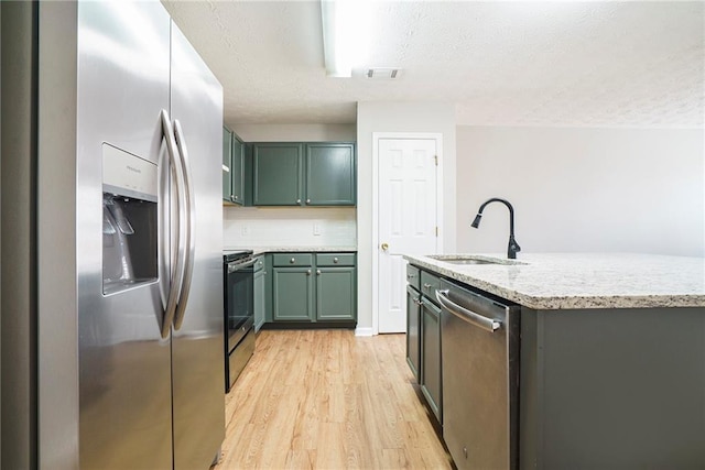 kitchen with a sink, visible vents, light wood-style floors, appliances with stainless steel finishes, and green cabinetry