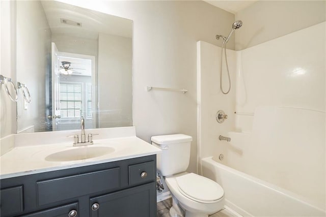 full bath featuring toilet, shower / bathtub combination, visible vents, and vanity