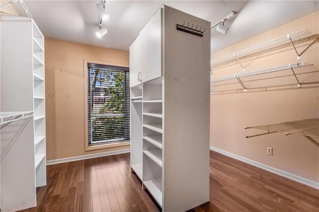 spacious closet with dark wood-style floors