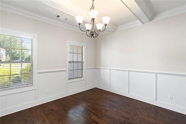 unfurnished room with a notable chandelier, beam ceiling, a wealth of natural light, and dark hardwood / wood-style flooring