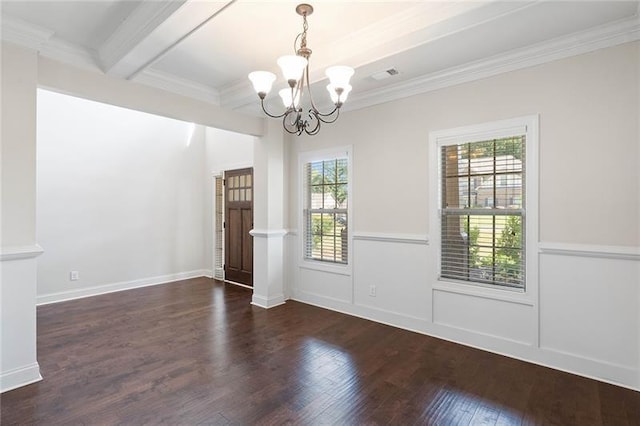 unfurnished dining area with dark hardwood / wood-style floors, beamed ceiling, a notable chandelier, and ornamental molding