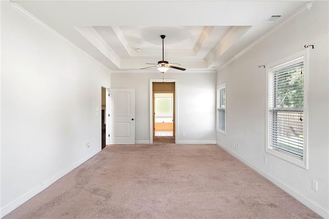 spare room featuring ornamental molding, ceiling fan, light colored carpet, and a tray ceiling