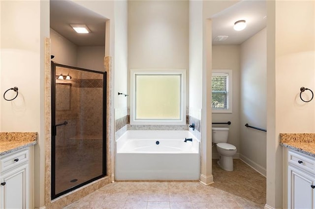 full bathroom with toilet, vanity, independent shower and bath, and tile patterned flooring