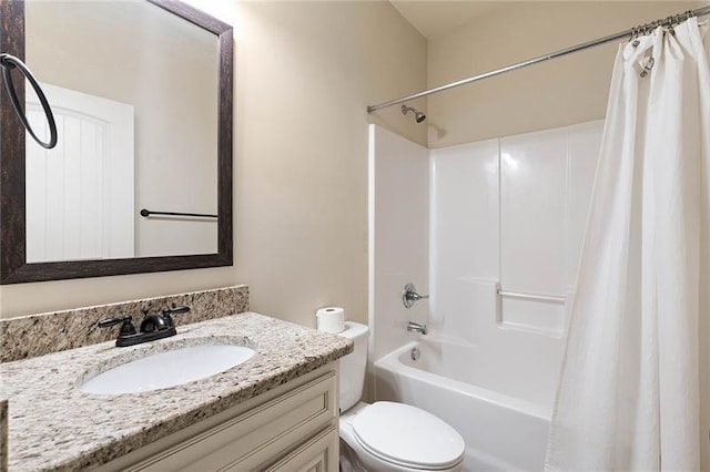 full bathroom featuring toilet, vanity, and shower / tub combo with curtain