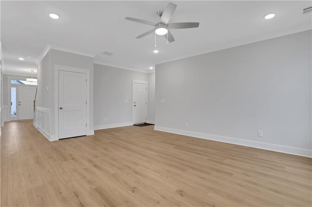 unfurnished room with ceiling fan, light hardwood / wood-style flooring, and ornamental molding