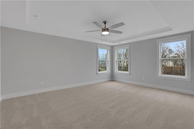 carpeted spare room with ceiling fan and a tray ceiling